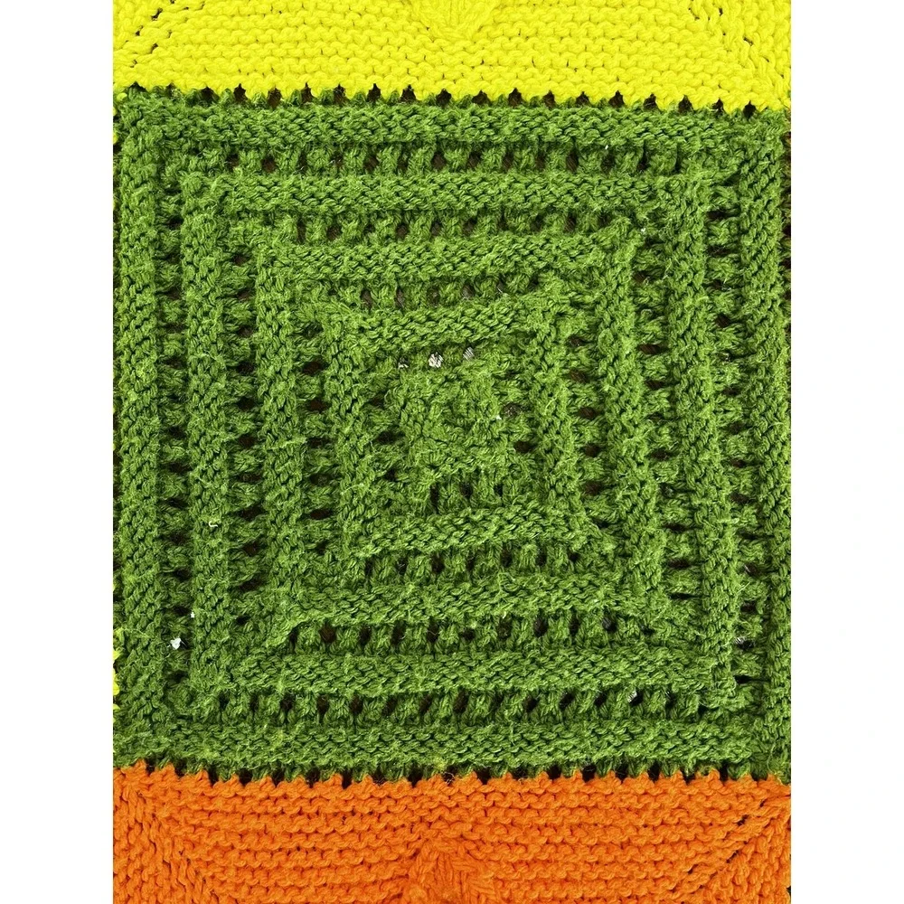 Vtg Handmade Knit Blanket Throw Granny Yellow Green Orange Squares Crochet 61x76